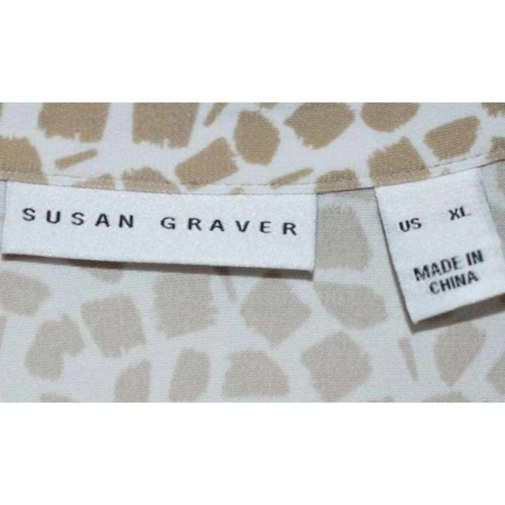 Susan Graver XL Stretch Blouse Button Front Mosaic Print 3/4 Sleeve Tan White - Picture 16 of 16